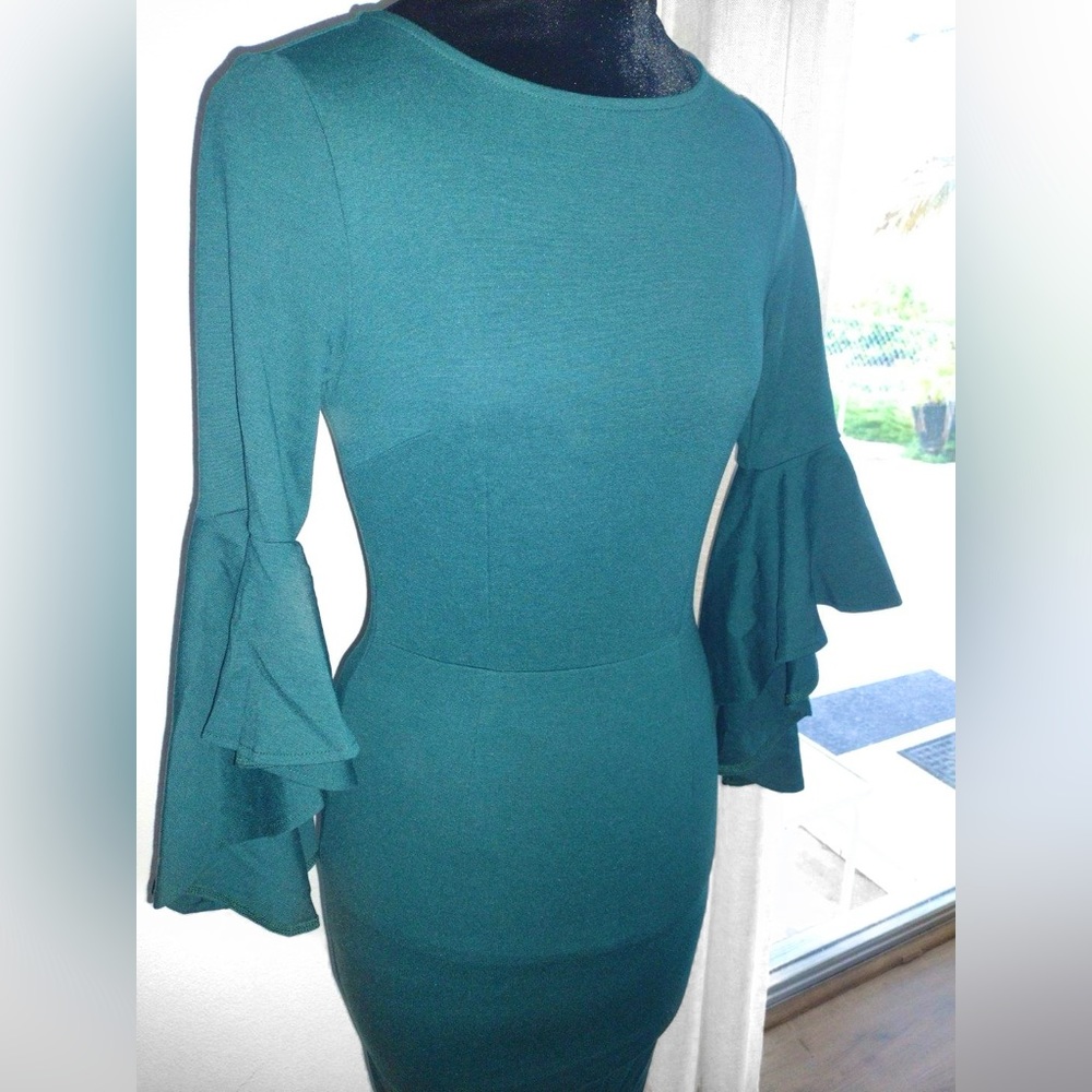 NWT Vfshow Bell Ruffle Sleeve Bodycon Midi Dress Dark Green Blue XS - Picture 4 of 11